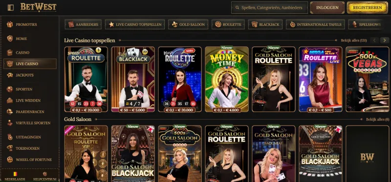 Screenshot van de live casino-pagina van BetWest Casino