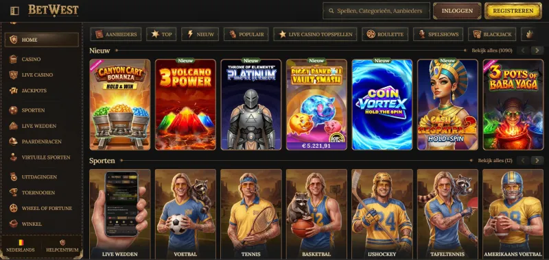 Screenshot van de startpagina van BetWest Casino