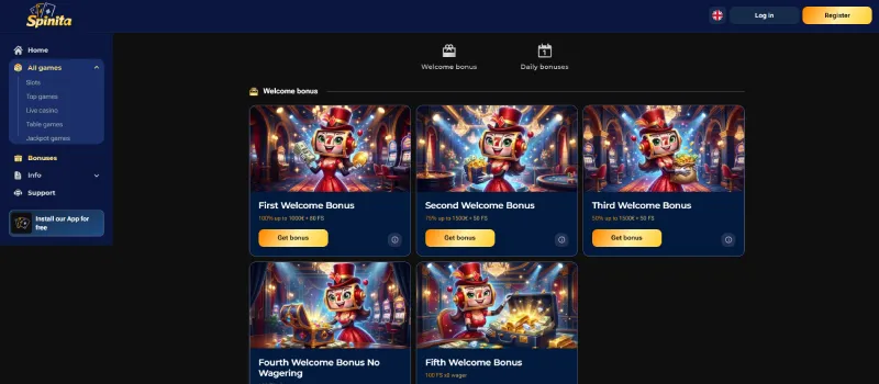 Screenshot van de Spinita-bonuspagina