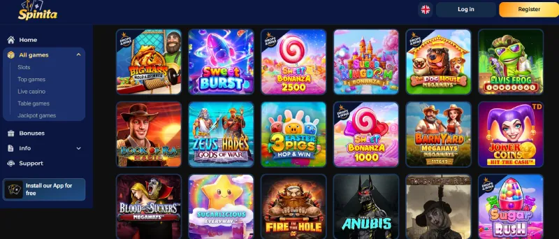 Screenshot van de Spinita-casinopagina